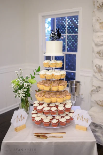Coccadotts cake and cupcake display at a Village House wedding — Ryan Smith Photography