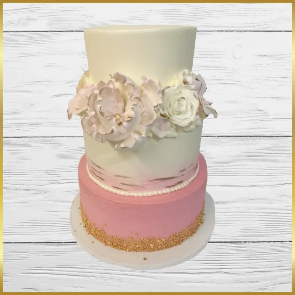 Pink and gold floral wedding cake